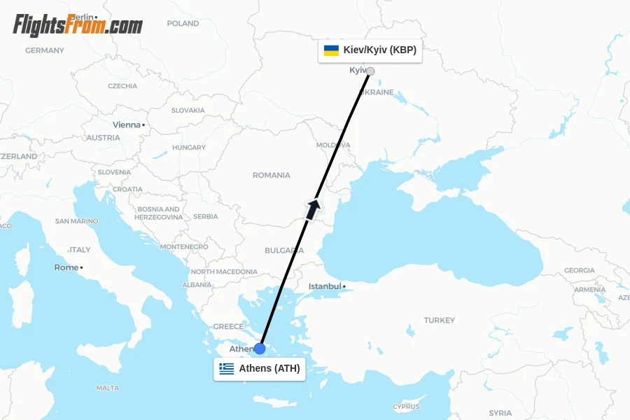 Flights from Athens to Kiev/Kyiv route map