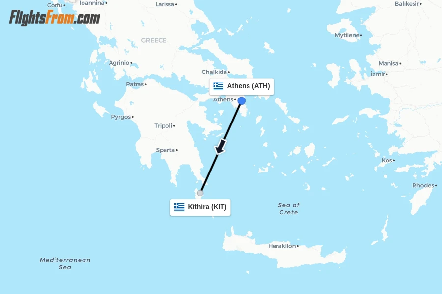 Flights from Athens to Kithira route map