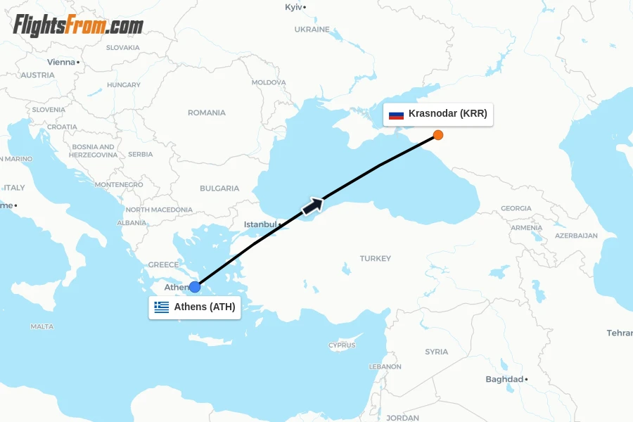 Flights from Athens to Krasnodar route map