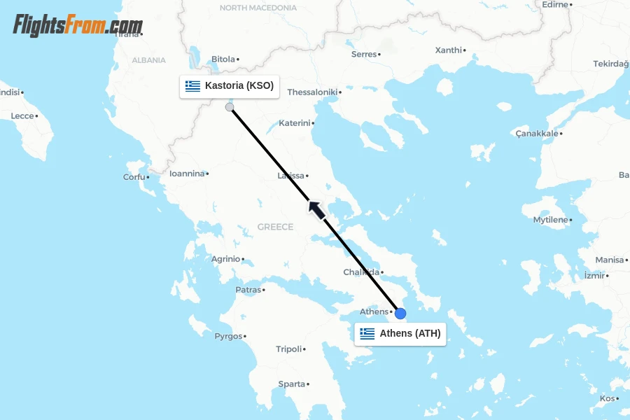 Flights from Athens to Kastoria route map