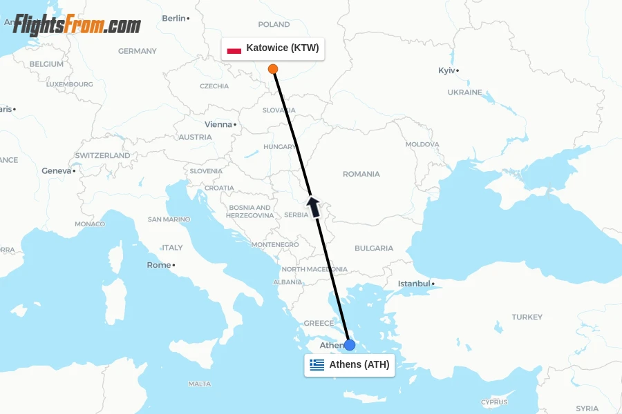 Flights from Athens to Katowice route map