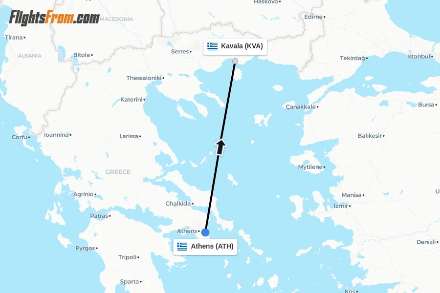 Flights from Athens to Kavala route map