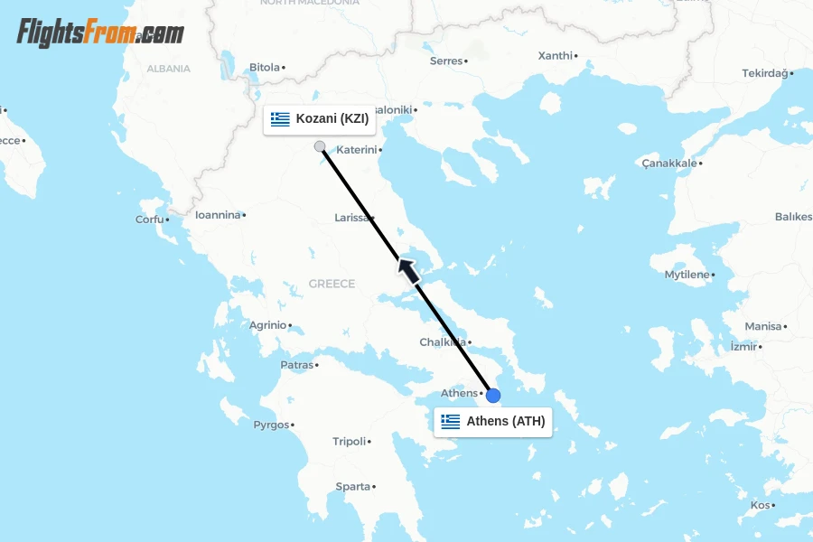 Flights from Athens to Kozani route map