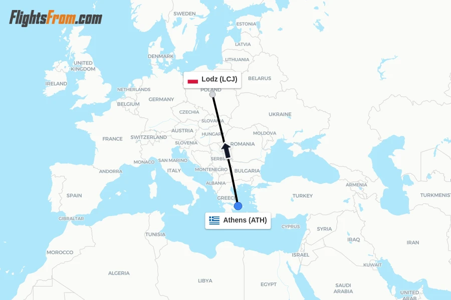 Flights from Athens to Lodz route map