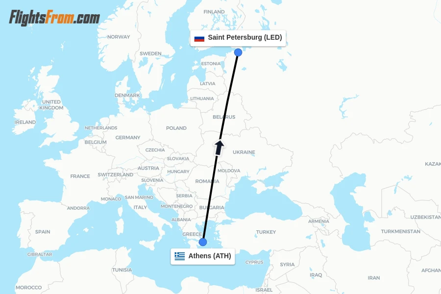 Flights from Athens to Saint Petersburg route map