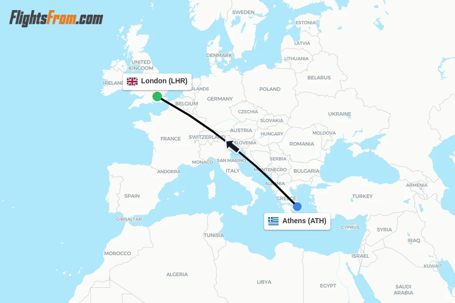 Flights from Athens to London route map