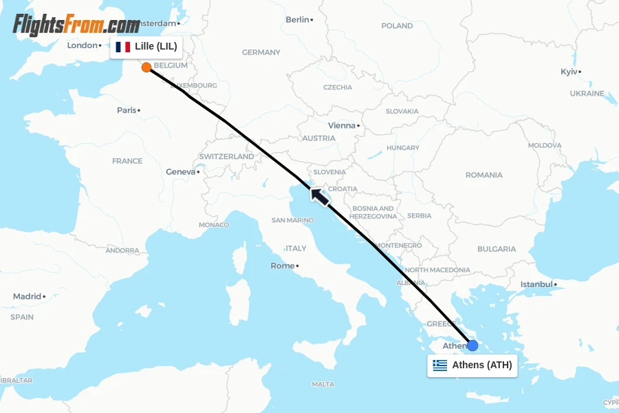 Flights from Athens to Lille route map