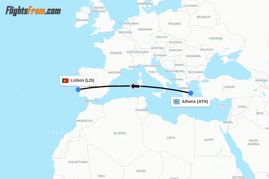 Flights from Athens to Lisbon route map