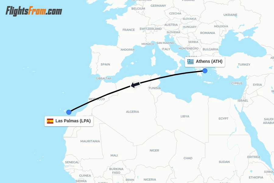 Flights from Athens to Las Palmas route map