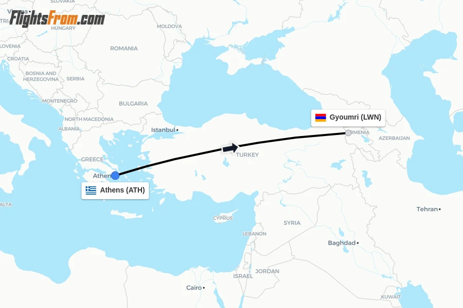 Flights from Athens to Gyoumri route map