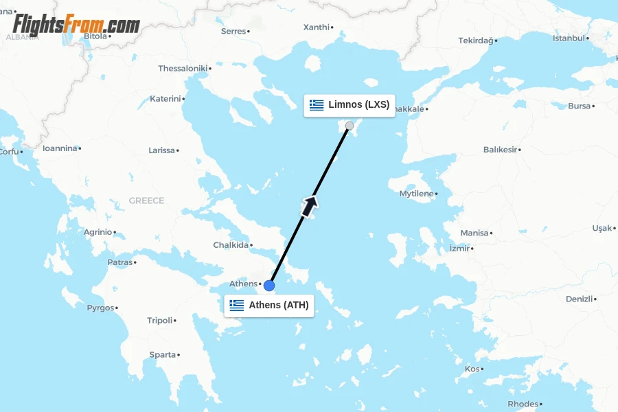 Flights from Athens to Limnos route map
