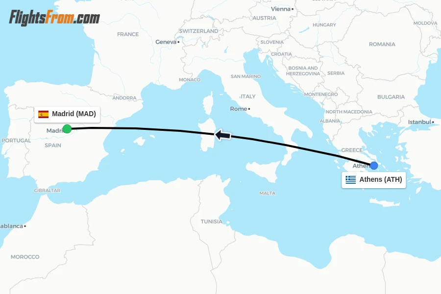 Flights from Athens to Madrid route map