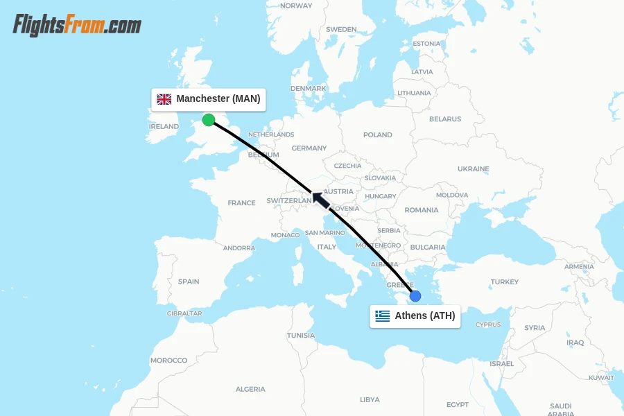 Flights from Athens to Manchester route map