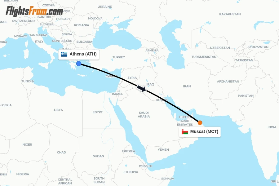 Flights from Athens to Muscat route map