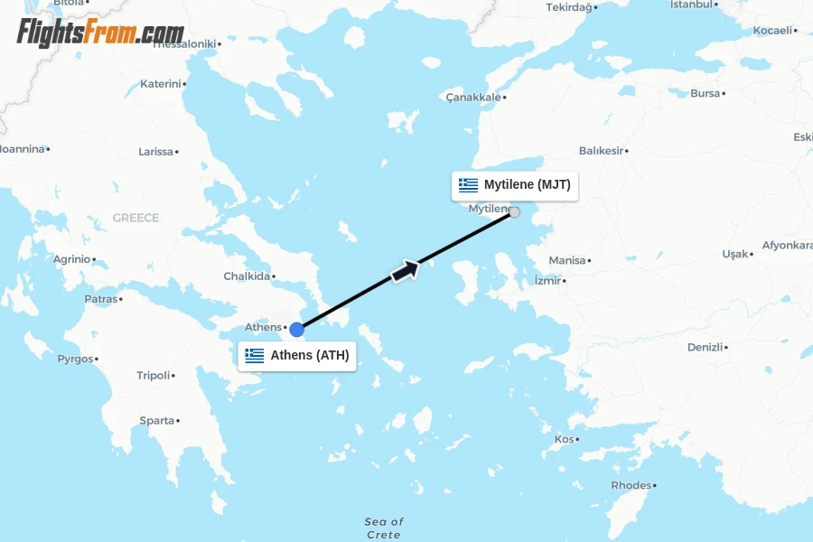 Flights from Athens to Mytilene route map
