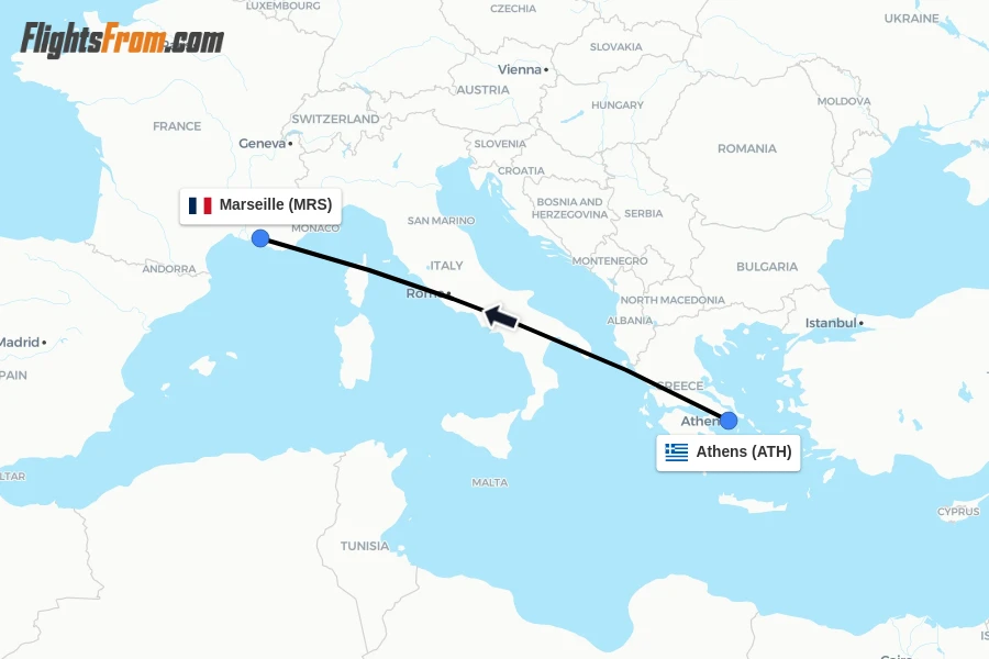 Flights from Athens to Marseille route map