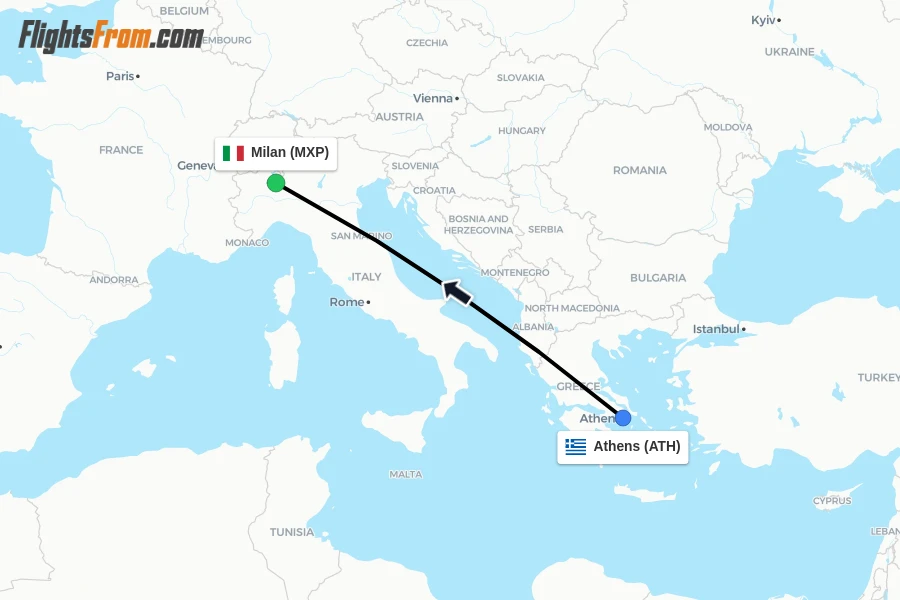 Flights from Athens to Milan route map