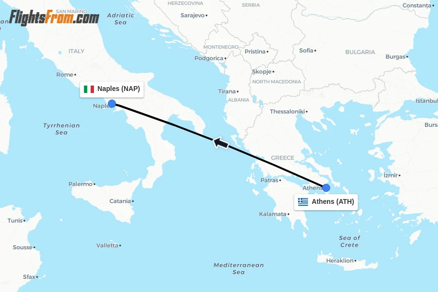 Flights from Athens to Naples route map