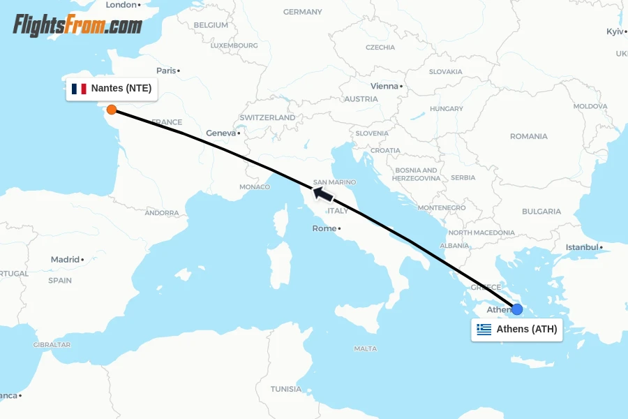 Flights from Athens to Nantes route map