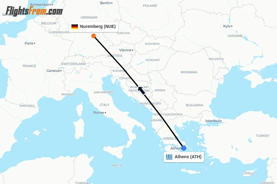 Flights from Athens to Nuremberg route map