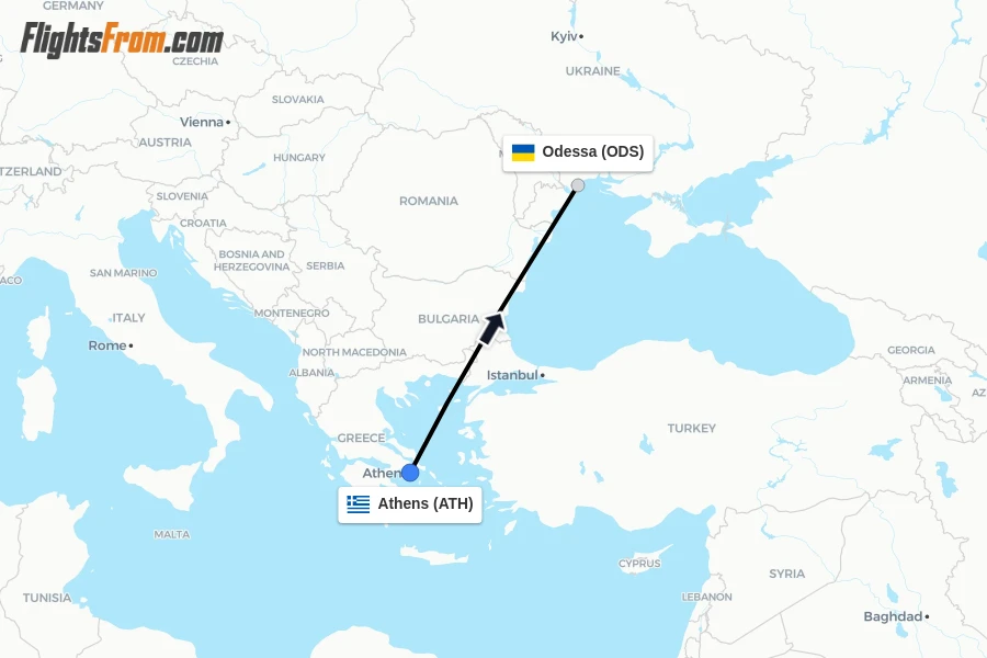 Flights from Athens to Odessa route map
