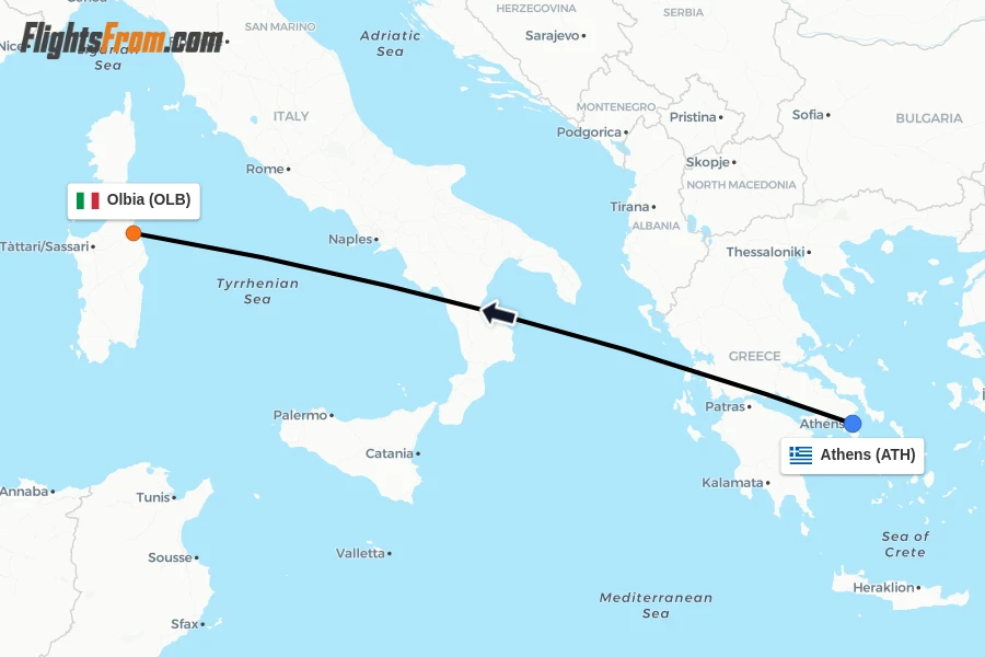 Flights from Athens to Olbia route map
