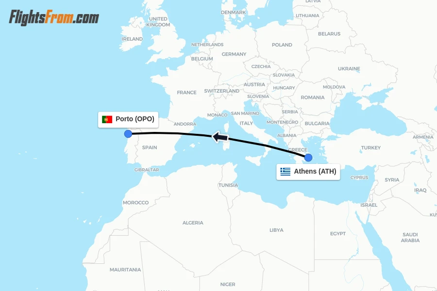 Flights from Athens to Porto route map