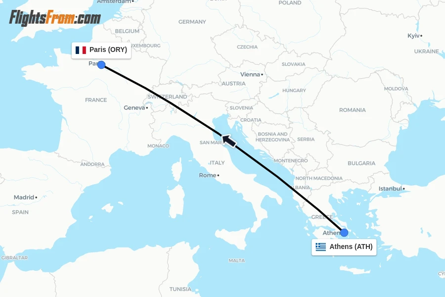 Flights from Athens to Paris route map