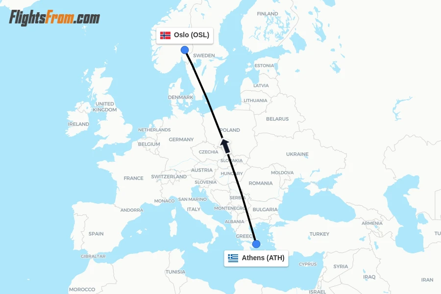 Flights from Athens to Oslo route map