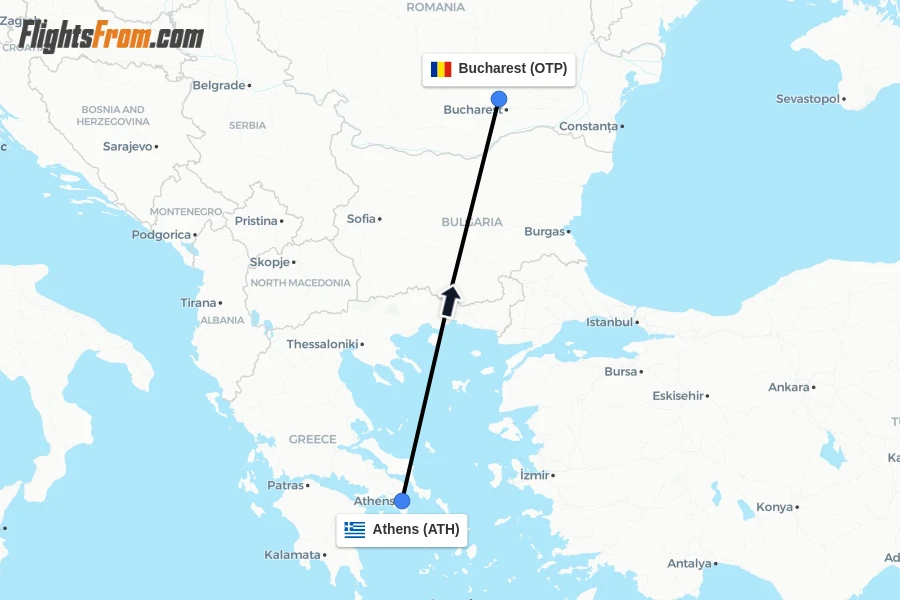 Flights from Athens to Bucharest route map