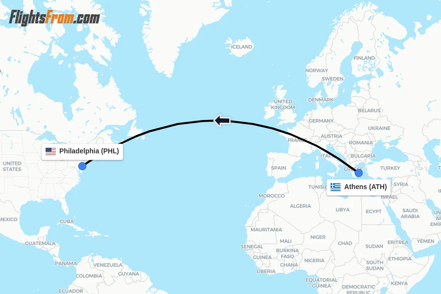 Flights from Athens to Philadelphia route map