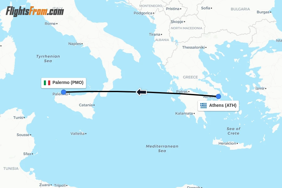 Flights from Athens to Palermo route map
