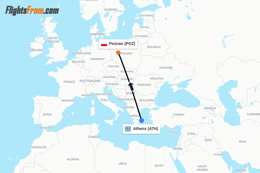 Flights from Athens to Poznan route map