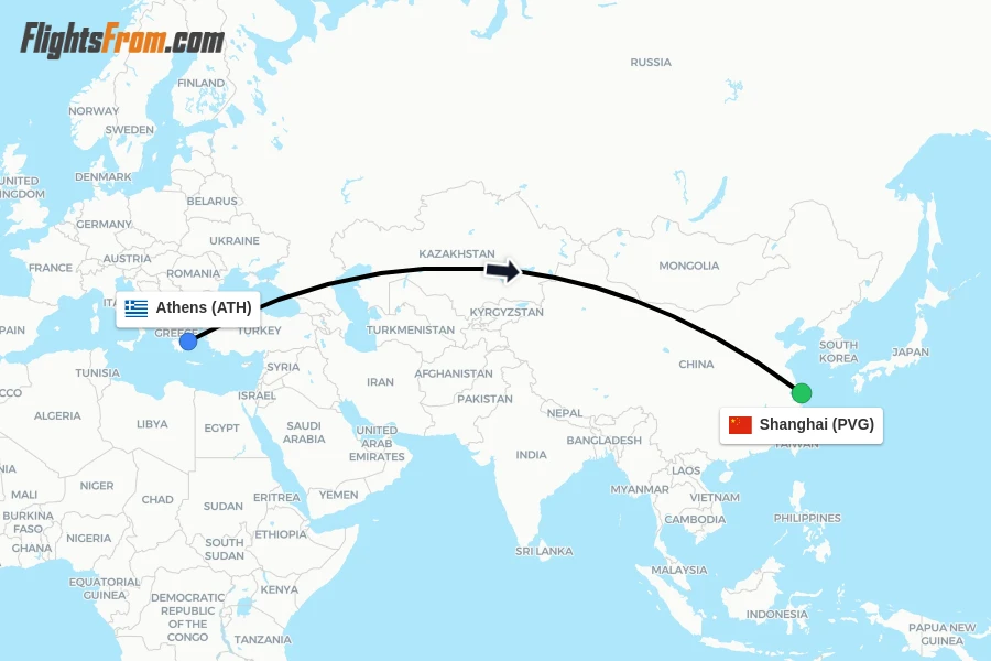 Flights from Athens to Shanghai route map
