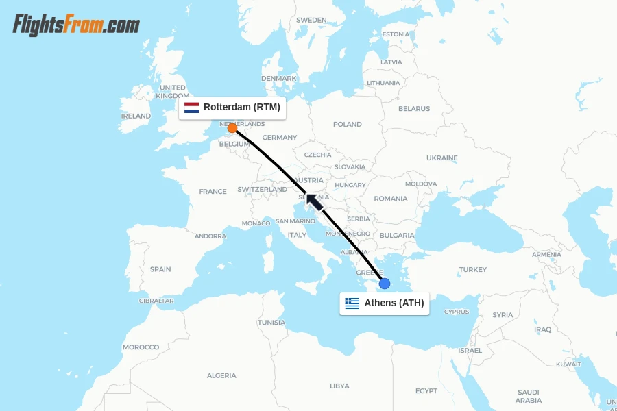 Flights from Athens to Rotterdam route map