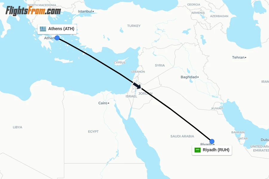 Flights from Athens to Riyadh route map