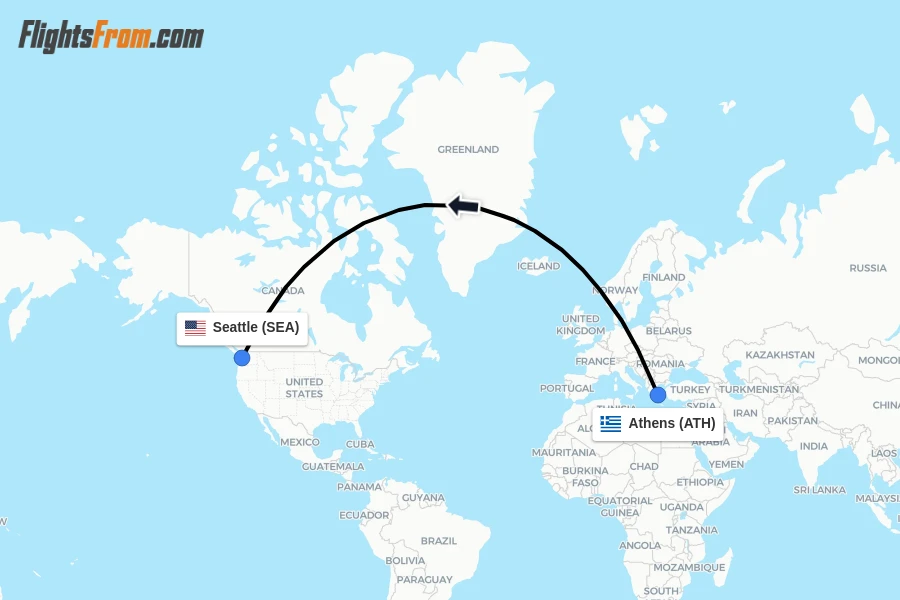 Flights from Athens to Seattle route map
