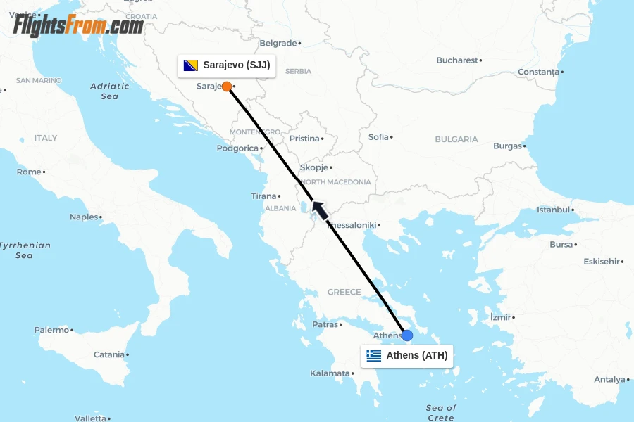 Flights from Athens to Sarajevo route map