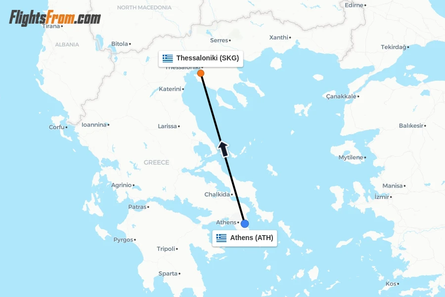 Flights from Athens to Thessaloniki route map