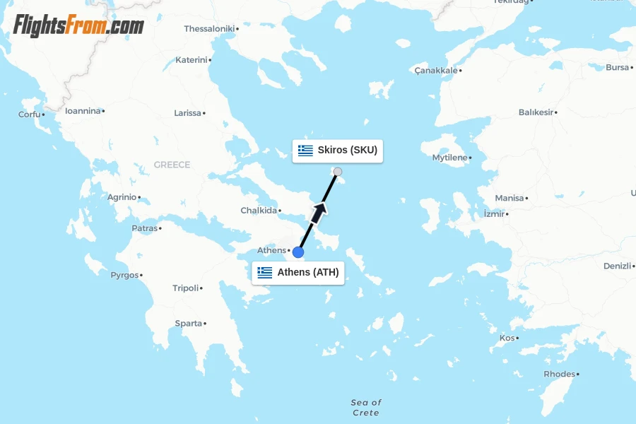 Flights from Athens to Skiros route map
