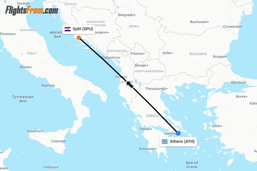 Flights from Athens to Split route map