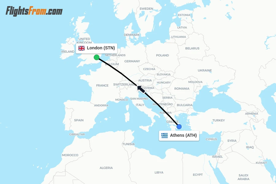 Flights from Athens to London route map