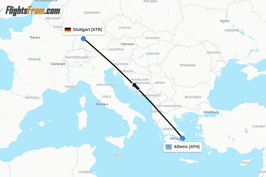 Flights from Athens to Stuttgart route map