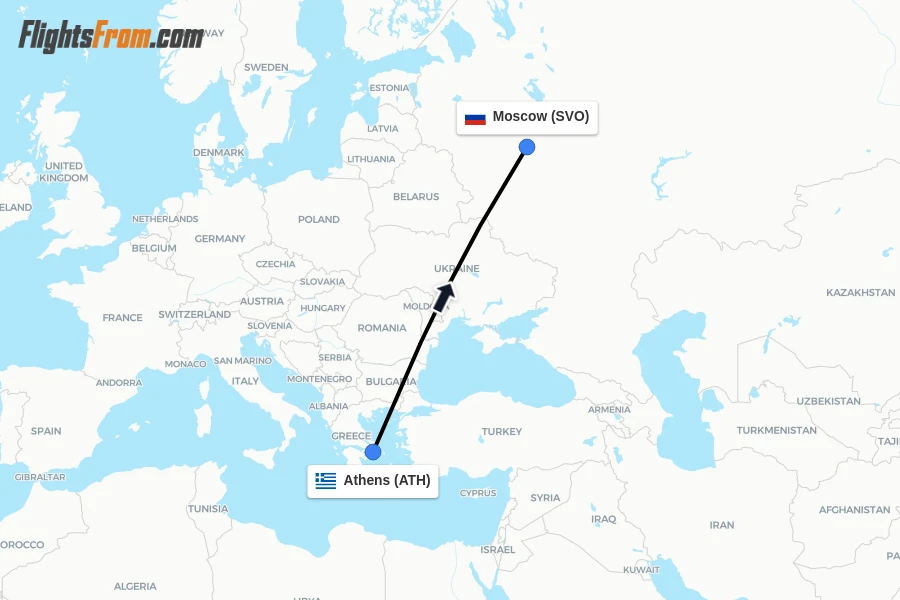 Flights from Athens to Moscow route map