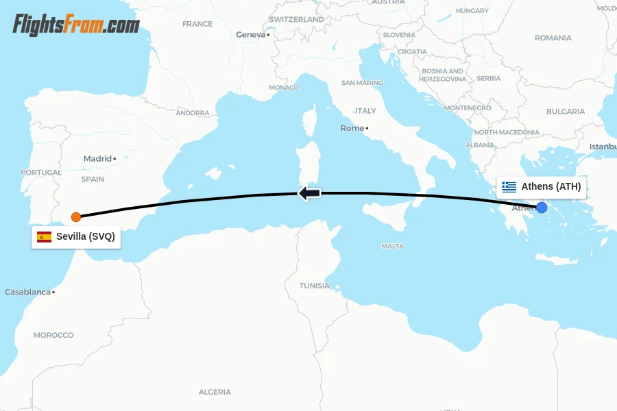 Flights from Athens to Sevilla route map
