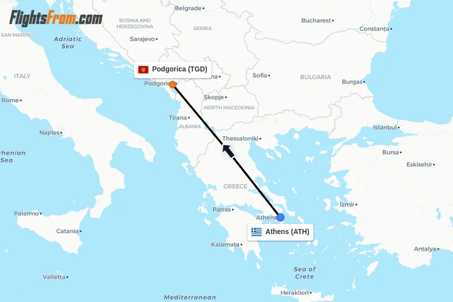 Flights from Athens to Podgorica route map