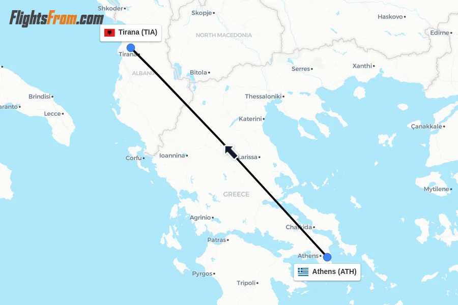 Flights from Athens to Tirana route map