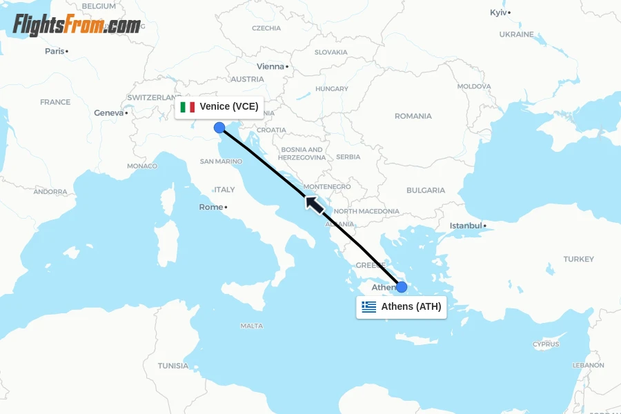 Flights from Athens to Venice route map