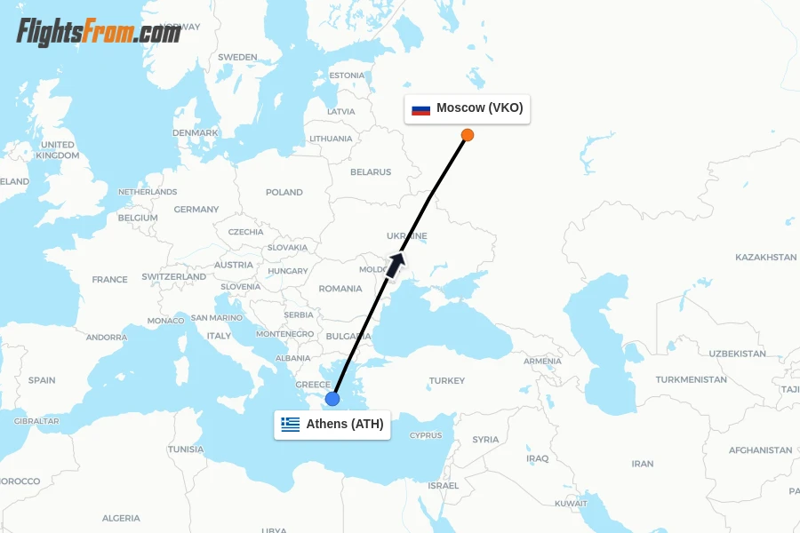 Flights from Athens to Moscow route map