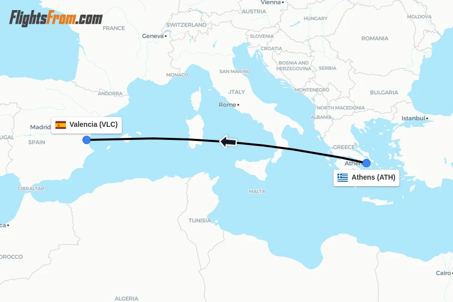 Flights from Athens to Valencia route map